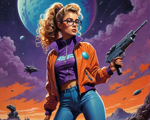 sci fiction illustration,callisto,girl with a gun,girl with gun,retro women,80s,birds of prey-night,retro woman,woman holding gun,buick electra,ann margarett-hollywood,sci fi,violinist violinist of the moon,science fiction,sci - fi,sci-fi,1980s,nova,1980's,science-fiction,Conceptual Art,Sci-Fi,Sci-Fi 20