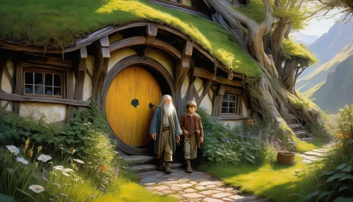 hobbiton,hobbit,jrr tolkien,the threshold of the house,fairy door,dandelion hall,fantasy picture,witch's house,crooked house,ancient house,little house,druid grove,fantasy art,knight village,home landscape,a fairy tale,the door,wooden door,apothecary,house in the forest,Illustration,Realistic Fantasy,Realistic Fantasy 03