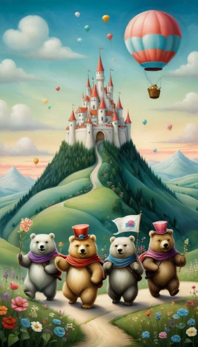 hot-air-balloon-valley-sky,whimsical animals,fairytale characters,children's background,fantasy picture,fantasy world,mushroom landscape,3d fantasy,fantasy art,fairy world,wonderland,dream world,hot air balloons,children's fairy tale,balloon trip,fantasy city,mushroom island,game illustration,toadstools,fairy tale character,Illustration,Abstract Fantasy,Abstract Fantasy 06