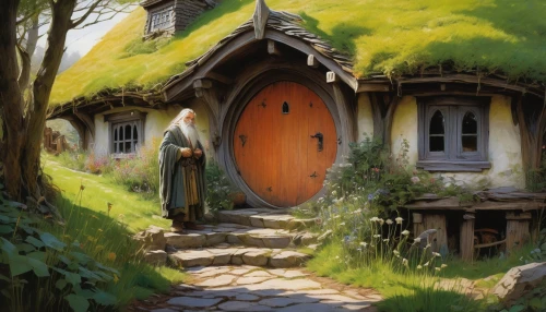 hobbiton,hobbit,fairy door,the threshold of the house,jrr tolkien,witch's house,wooden door,ancient house,garden door,druid grove,home door,dwelling,the door,apothecary,small house,little house,knight village,elven,dwarf sundheim,cottage,Illustration,Realistic Fantasy,Realistic Fantasy 03