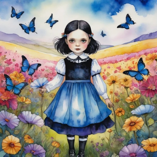 blue butterflies,field of flowers,forget-me-not,girl in flowers,julia butterfly,clover meadow,little girl in wind,butterflies,blooming field,springtime background,flower field,wonderland,butterfly background,cosmos field,meadow in pastel,forget me not,child fairy,butterfly dolls,isolated butterfly,blue birds and blossom,Illustration,Realistic Fantasy,Realistic Fantasy 14