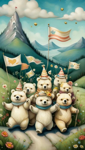 whimsical animals,the bears,woodland animals,game illustration,frog gathering,forest animals,meadow play,anthropomorphized animals,mushroom landscape,children's background,cartoon forest,kids illustration,villagers,bears,toadstools,alpine pastures,arrowroot family,counting sheep,pandas,world digital painting,Illustration,Abstract Fantasy,Abstract Fantasy 06