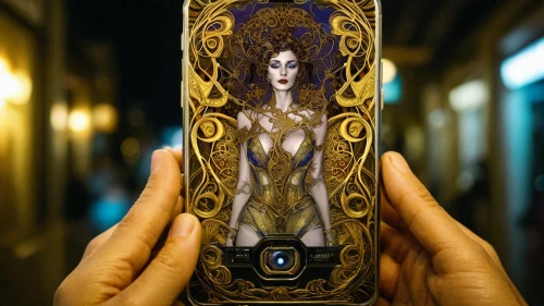 art nouveau,bodypainting,woman holding a smartphone,body painting,bodypaint,glass painting,art nouveau frame,perfume bottle,gorgon,sorceress,art nouveau design,tarot,voodoo woman,amano,priestess,mirror of souls,phone case,absinthe,incense burner,artist doll