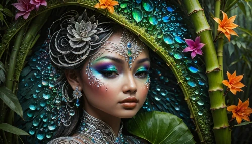 fantasy art,fairy peacock,faery,fantasy portrait,faerie,the enchantress,fairy queen,dryad,elven flower,girl in a wreath,fractals art,mystical portrait of a girl,fantasy picture,body painting,girl in flowers,bodypainting,flower fairy,boho art,psychedelic art,oriental princess