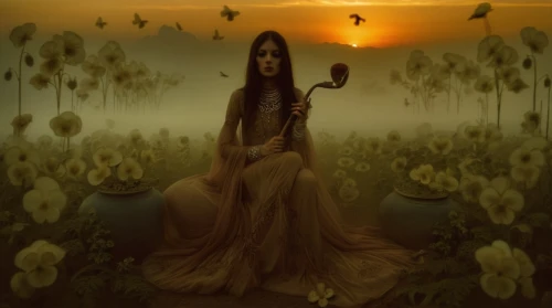 fantasy picture,mystical portrait of a girl,girl in flowers,faery,yellow rose background,faerie,dryad,elven flower,fantasy art,yellow garden,secret garden of venus,pollinate,sacred lotus,photomanipulation,sorceress,golden flowers,priestess,lotus blossom,desert flower,girl in a long,Photography,Artistic Photography,Artistic Photography 14