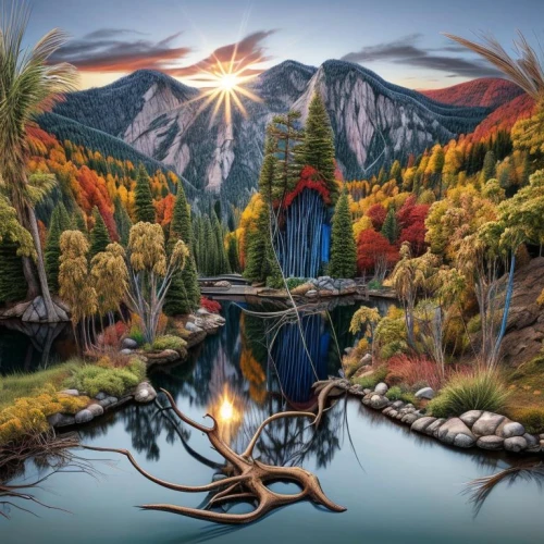 autumn mountains,mountain scene,fall landscape,fantasy picture,fantasy landscape,autumn landscape,world digital painting,mountain spring,landscape background,nature landscape,autumn background,fantasy art,mountain landscape,spruce forest,forest landscape,natural landscape,vermilion lakes,mountain lake,christmas landscape,landscape nature