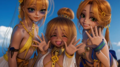 anime 3d,triplet lily,kawaii children,nami,the three graces,ginger family,avatars,children girls,tamaris,vocaloid,hierochloe,lily family,little girls,scandia gnomes,dolls,friendly three,the three magi,x3,family photo shoot,peace sign,Photography,General,Realistic