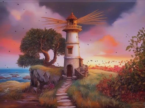 lighthouse,fairy chimney,petit minou lighthouse,world digital painting,light house,fantasy picture,landscape background,fantasy landscape,windmill,electric lighthouse,red lighthouse,fantasy art,children's background,background image,old windmill,musical background,the windmills,an island far away landscape,background screen,home landscape,Illustration,Paper based,Paper Based 04