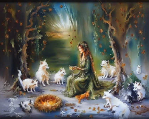 fantasy picture,fantasy art,faerie,dryad,hare krishna,oil painting on canvas,fairy forest,elven forest,druids,faery,borzoi,apollo and the muses,indian art,nativity,the enchantress,enchanted forest,art painting,shamanism,radha,shamanic,Illustration,Paper based,Paper Based 04