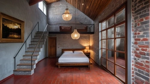 loft,brick house,hallway space,sleeping room,attic,red brick,boutique hotel,sand-lime brick,bedroom,wall lamp,great room,contemporary decor,wade rooms,guest room,children's bedroom,modern room,red brick wall,home interior,guestroom,hanging lamp