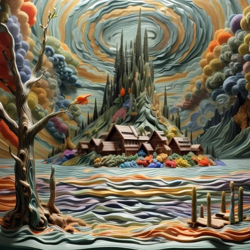 tapestry,post impressionism,chalk drawing,boat landscape,maelstrom,post-apocalyptic landscape,psychedelic art,surrealism,apocalyptic,glass painting,sea fantasy,david bates,virtual landscape,surrealistic,church painting,3d fantasy,fantasy landscape,buddhist hell,art world,fantasy world