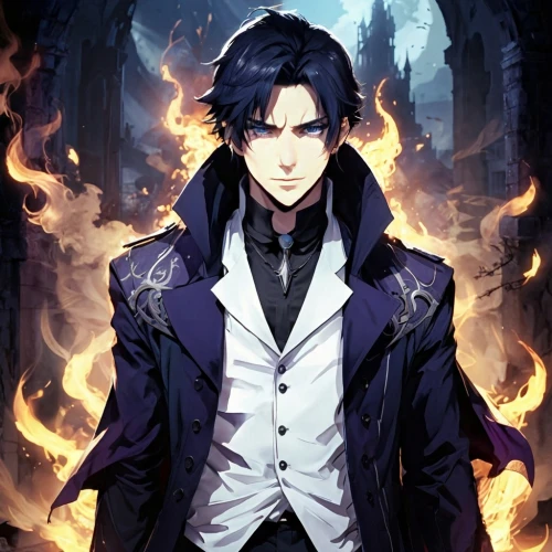 yukio,persona,cg artwork,ren,fire background,king of the ravens,valentin,dark suit,victor,vampire,alexander,black crow,vanitas,gabriel,male character,corvin,game illustration,kado,asagiri,merlin