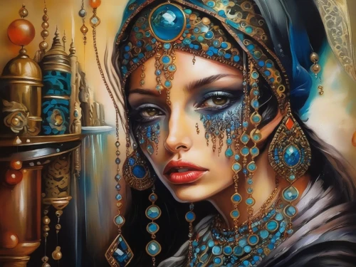 fantasy art,boho art,oil painting on canvas,priestess,ancient egyptian girl,gypsy soul,fantasy portrait,art painting,meticulous painting,sorceress,blue enchantress,mystical portrait of a girl,orientalism,oil painting,the enchantress,cleopatra,glass painting,steampunk,oriental princess,warrior woman,Illustration,Paper based,Paper Based 04