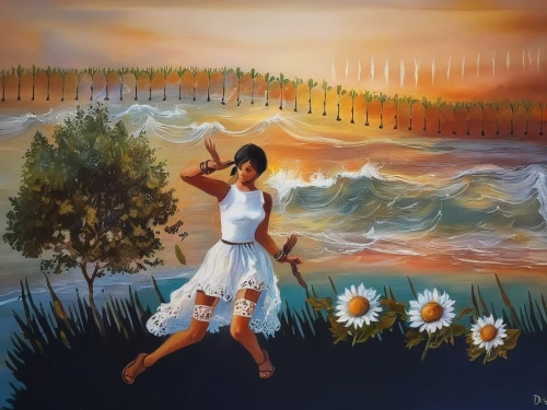 dance with canvases,girl picking flowers,flower painting,oil painting on canvas,indigenous painting,art painting,girl in flowers,woman playing,photo painting,khokhloma painting,oil painting,harp with flowers,wall painting,woman playing violin,girl in the garden,orange blossom,violin woman,flamenco,meticulous painting,little girl twirling,Illustration,Paper based,Paper Based 04
