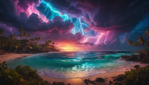 ocean paradise,fantasy picture,fantasy landscape,lightning storm,tropical sea,hawaii,dream beach,samoa,tidal wave,tropical beach,ocean background,alien world,thunderstorm,beautiful beach,amazing nature,kauai,natural phenomenon,sea storm,caribbean sea,ocean,Photography,General,Fantasy