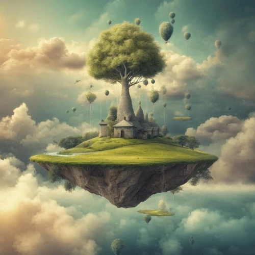 mushroom landscape,fantasy picture,fantasy landscape,mushroom island,cloud mushroom,floating island,isolated tree,fantasy art,magic tree,fairy chimney,3d fantasy,tree of life,world digital painting,fairy world,mother earth,dream world,surrealism,photo manipulation,fantasy world,lone tree