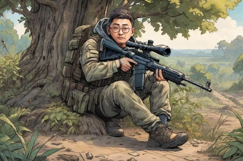 sniper,m4a4,m4a1,kim,gi,war correspondent,vietnam,lost in war,m4,m4a1 carbine,camo,airsoft,m16,vietnam veteran,combat medic,drone operator,pubg mascot,biologist,medic,guerrilla,Digital Art,Comic