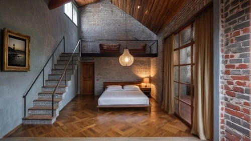 loft,brick house,attic,hallway space,red brick,sand-lime brick,wooden stairs,hardwood floors,wooden floor,home interior,wall lamp,wood floor,great room,sleeping room,modern room,boutique hotel,bedroom,contemporary decor,guest room,hanging lamp