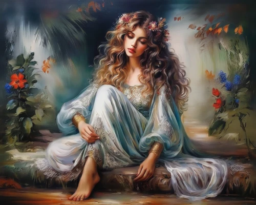 romantic portrait,relaxed young girl,mystical portrait of a girl,fantasy art,art painting,faery,girl in flowers,fantasy portrait,oil painting on canvas,jessamine,faerie,fantasy picture,beautiful girl with flowers,persian poet,fairy tale character,boho art,oil painting,radha,italian painter,girl in the garden,Illustration,Paper based,Paper Based 04