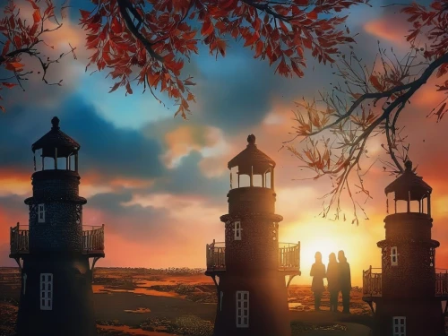 electric lighthouse,red lighthouse,lighthouse,light house,lanterns,studio ghibli,world digital painting,lantern,fantasy picture,one autumn afternoon,street lamps,autumn scenery,houses silhouette,autumn background,light of autumn,fantasy landscape,autumn sun,evening atmosphere,autumn morning,autumn light,Illustration,Paper based,Paper Based 04