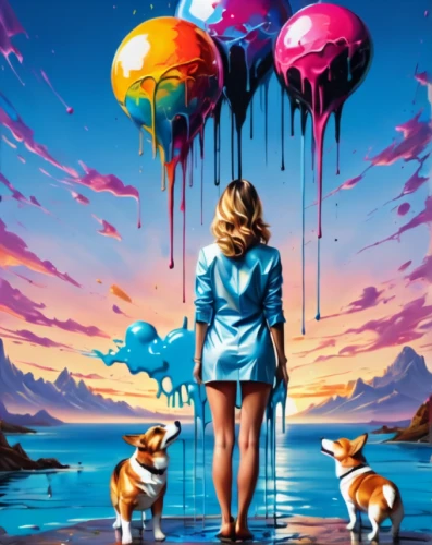 little girl with balloons,colorful balloons,color dogs,surrealism,balloon trip,blue balloons,hot air balloons,corgis,girl with dog,animal balloons,balloons,hot-air-balloon-valley-sky,ballooning,alice in wonderland,psychedelic art,dream world,balloon,walking dogs,surrealistic,baloons