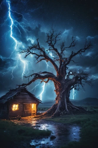 thunderstorm,lightning storm,fantasy picture,isolated tree,nature's wrath,lightning strike,tree house,magic tree,damaged tree,witch's house,thunderstorm mood,ancient house,lightening,a thunderstorm cell,broken tree,treehouse,photomanipulation,house insurance,photoshop manipulation,lightning,Conceptual Art,Sci-Fi,Sci-Fi 30