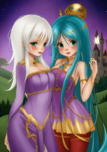 fairytale characters,princesses,cassiopeia,fairies,fantasy picture,elves,music fantasy,two girls,edit icon,vocaloid,gemini,3d fantasy,angel and devil,fairy world,magi,halloween costumes,fantasia,hands holding,hand in hand,celestial bodies,Illustration,Realistic Fantasy,Realistic Fantasy 02