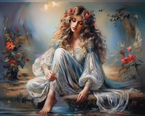 fantasy art,romantic portrait,oil painting on canvas,art painting,jessamine,fantasy picture,mystical portrait of a girl,water nymph,fantasy portrait,oil painting,faery,italian painter,emile vernon,fairy queen,boho art,faerie,the sea maid,girl in a wreath,fineart,enchanting,Illustration,Paper based,Paper Based 04