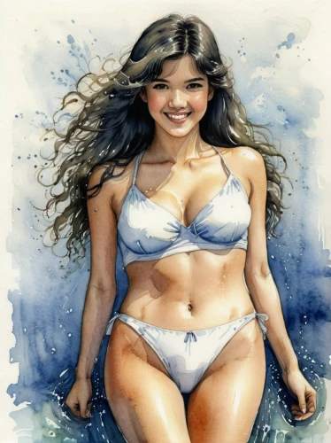 watercolor pin up,plus-size model,the sea maid,water color,watercolor painting,watercolor,watercolor women accessory,beach background,plus-size,photo painting,watercolor background,watercolor sketch,watercolor paint,watercolor pencils,female swimmer,candy island girl,asian woman,pencil color,watercolor mermaid,swimmer,Illustration,Paper based,Paper Based 29