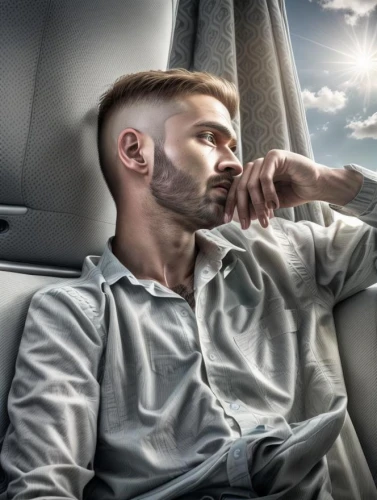 thinking man,man thinking,car window,in car,man talking on the phone,high and tight,smoking pipe,handsfree,buzz cut,car mirror,management of hair loss,crew cut,passenger,deep thought,air freshener,thinking,backseat,in thoughts,sunroof,thinker