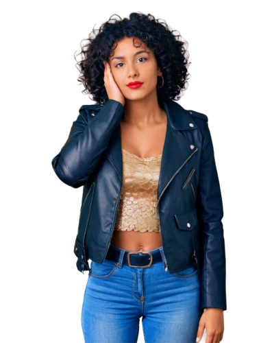 bolero jacket,denim jacket,jean jacket,leather jacket,portrait background,jacket,denim background,menswear for women,girl on a white background,plus-size model,jeans background,afroamerican,women's clothing,social,artificial hair integrations,female model,african american woman,women clothes,television character,ladies clothes,Photography,General,Fantasy