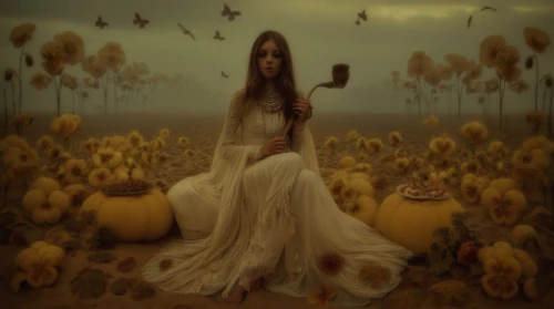 fantasy picture,pumpkin autumn,fantasy art,yellow garden,photomanipulation,mystical portrait of a girl,golden apple,gourds,faerie,surrealism,faery,photo manipulation,fantasy portrait,golden autumn,fairy tale character,pollinate,fantasy woman,autumn background,surrealistic,yellow purse,Photography,Artistic Photography,Artistic Photography 14