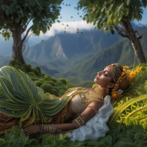 moana,girl lying on the grass,polynesian girl,fantasy picture,hula,tiana,radha,idyll,world digital painting,fantasy portrait,polynesian,anahata,merida,rapunzel,fantasy art,janmastami,tahiti,relaxed young girl,ayurveda,luau,Photography,General,Realistic