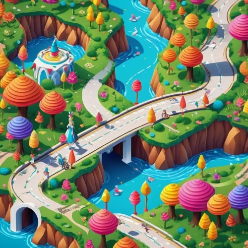 rainbow world map,futuristic landscape,cartoon forest,rainbow bridge,cartoon video game background,fantasy world,colorful city,fairy world,fantasy city,hot-air-balloon-valley-sky,amusement park,theme park,fairy village,dragon bridge,donut illustration,apple mountain,3d fantasy,crash-land,scenic bridge,children's background,Unique,3D,Isometric