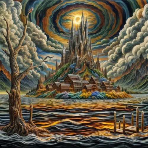 david bates,fantasy landscape,fantasy art,fantasy picture,world digital painting,an island far away landscape,jrr tolkien,church painting,3d fantasy,sea fantasy,basil's cathedral,boat landscape,tapestry,post impressionism,vincent van gough,fantasy world,maelstrom,oil on canvas,fire mountain,art background