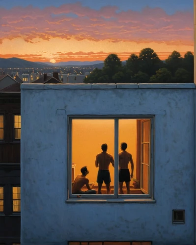 sky apartment,summer evening,evening atmosphere,bedroom window,shared apartment,an apartment,rooftops,apartment block,in the evening,house silhouette,apartment house,athens art school,window view,rooftop,on the roof,rear window,house painting,roof terrace,block of flats,children studying,Art,Artistic Painting,Artistic Painting 48