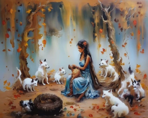 oil painting on canvas,oil painting,the mother and children,girl with dog,mother and children,mother with children,nativity,cat family,mom and kittens,art painting,kitsune,motherhood,oil on canvas,indian art,cat lovers,autumn idyll,indigenous painting,kittens,fantasy picture,little girl and mother,Illustration,Paper based,Paper Based 04