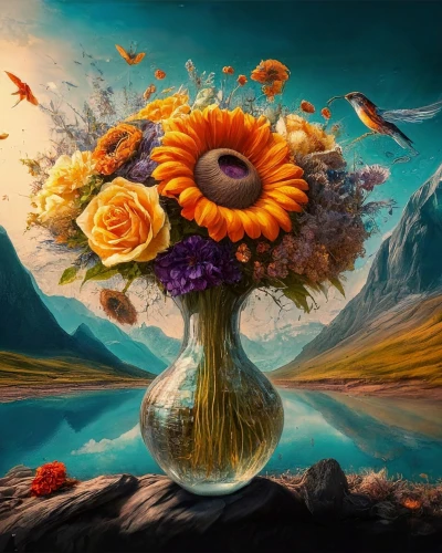 sunflowers in vase,fractals art,floral composition,splendor of flowers,vase,surrealism,flower vase,flower painting,flower art,surrealistic,psychedelic art,autumn bouquet,cosmic flower,fantasy art,flowers fall,flower bouquet,falling flowers,floral arrangement,flower arrangement lying,world digital painting