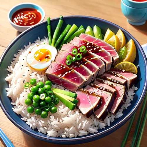 tuna steak,albacore fish,japanese cuisine,sashimi,tuna salad,japanese food,donburi,okinawan cuisine,tuna,steamed rice,hayashi rice,matsusaka beef,rice bowl,braised pork rice,rice dish,noodle bowl,taiwanese cuisine,atlantic bluefin tuna,tataki,japanese meal,Anime,Anime,Realistic