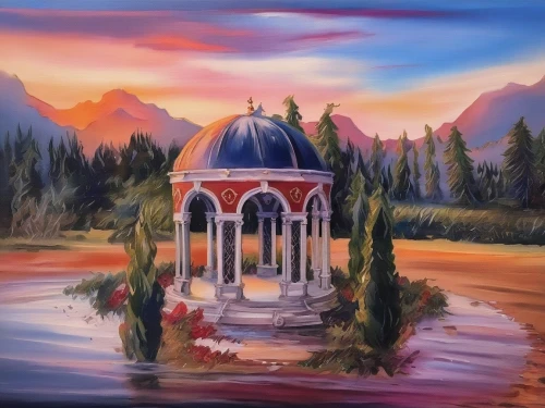 khokhloma painting,water palace,church painting,hala sultan tekke,wishing well,persian norooz,tajmahal,landscape background,taj mahal,marble palace,fountain pond,oil painting on canvas,quasr al-kharana,build by mirza golam pir,art painting,glass painting,fountain of the moor,tajikistan,oil painting,mosques,Illustration,Paper based,Paper Based 04