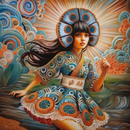 pachamama,peruvian women,indigenous painting,psychedelic art,boho art,vietnamese woman,mystical portrait of a girl,shamanic,mexican culture,aztec,shamanism,girl with a wheel,polynesian girl,hula,la catrina,little girl in wind,adelita,khokhloma painting,flamenco,ethnic dancer,Illustration,Paper based,Paper Based 04