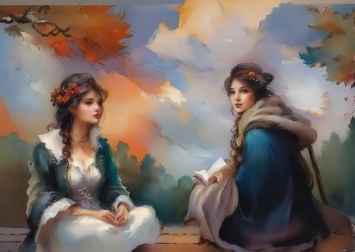 romantic portrait,bougereau,oil painting on canvas,two girls,fantasy picture,art painting,young women,princesses,courtship,oil painting,autumn idyll,young couple,conversation,fantasy art,romantic scene,fairies,the annunciation,fantasy portrait,in the autumn,photo painting,Illustration,Paper based,Paper Based 04