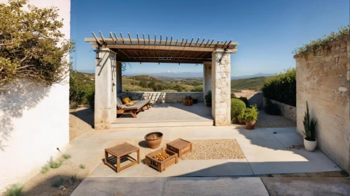 provencal life,pergola,outdoor table and chairs,puglia,roof terrace,outdoor furniture,outdoor table,patio,the balearics,ostuni,gordes,dunes house,apulia,mallorca,roof landscape,roof garden,bouleuterion,holiday villa,summer house,provence