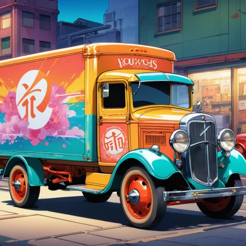 delivery truck,ice cream van,delivery trucks,food truck,retro vehicle,cartoon car,easter truck,vintage vehicle,ice cream cart,truck,battery food truck,buick y-job,delivering,day of the dead truck,vintage rooster,engine truck,ford cargo,delivery service,mail truck,ford truck,Illustration,Japanese style,Japanese Style 03