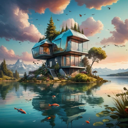 house with lake,house by the water,floating huts,floating island,houseboat,floating islands,tropical house,house of the sea,home landscape,cube stilt houses,world digital painting,house in the forest,cubic house,summer cottage,fantasy landscape,fisherman's house,island suspended,stilt house,tree house,dunes house,Illustration,Paper based,Paper Based 04
