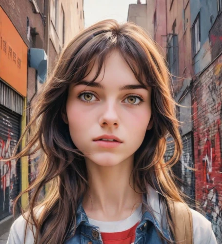 portrait of a girl,girl portrait,valerian,clementine,portrait background,beautiful face,rosie,angel face,digital painting,the girl's face,young woman,pretty young woman,angel,model beauty,mystical portrait of a girl,jean jacket,nico,beautiful girl,romantic look,retro girl,Digital Art,Poster