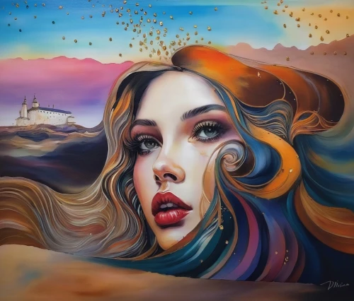 girl on the dune,oil painting on canvas,boho art,art painting,dali,mystical portrait of a girl,oil painting,the wind from the sea,psychedelic art,girl with a dolphin,oil on canvas,fantasy portrait,world digital painting,painting technique,fantasy art,vietnamese woman,artist,ann margarett-hollywood,colorful background,girl portrait,Illustration,Paper based,Paper Based 04