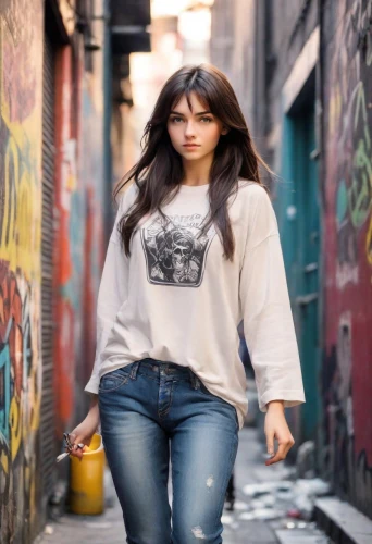 long-sleeved t-shirt,girl in t-shirt,young model istanbul,alley cat,menswear for women,sweatshirt,long-sleeve,women fashion,isolated t-shirt,laneway,women clothes,birce akalay,plus-size model,tshirt,city ​​portrait,alleyway,portrait photography,photos on clothes line,female model,photo session in torn clothes,Photography,Natural