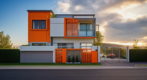 modern house,modern architecture,cubic house,exterior decoration,cube house,residential house,colorful facade,smart house,modern style,contemporary,mid century house,house insurance,townhouses,residential,housebuilding,heat pumps,orange,residential property,beautiful home,prefabricated buildings,Photography,General,Realistic