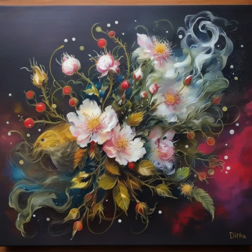 flower painting,flower art,falling flowers,flowers celestial,wreath of flowers,splendor of flowers,oil painting on canvas,floral composition,cosmic flower,sunflowers in vase,fiori,flowers frame,floral frame,girl in flowers,flora,chrysanthemums,flower bouquet,celestial chrysanthemum,abstract flowers,scattered flowers,Illustration,Paper based,Paper Based 04